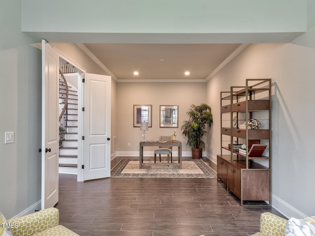 3526 Clifton Park Ct, New Hill, NC 27562 - office with crown molding, recessed lighting, and dark wood-type flooring
