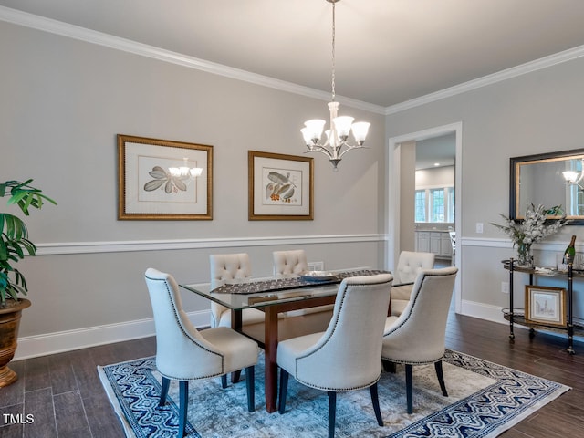 3526 Clifton Park Ct, New Hill, NC 27562 - dining area with crown molding, wood finished floors, and a chandelier