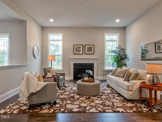 3526 Clifton Park Ct, New Hill, NC 27562 - living area featuring wood finished floors, a glass covered fireplace, and recessed lighting