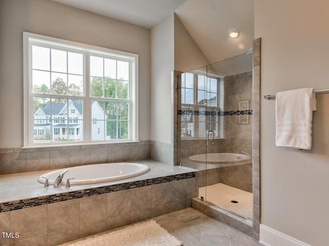 3526 Clifton Park Ct, New Hill, NC 27562 - bathroom featuring a bath, tile patterned flooring, and a stall shower
