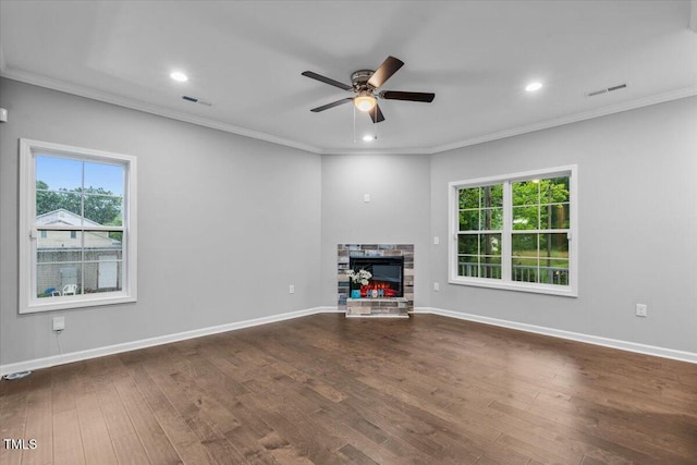 213 Guerrant St, Greensboro, NC 27401 - unfurnished living room with a fireplace, ceiling fan, dark wood finished floors, crown molding, and recessed lighting