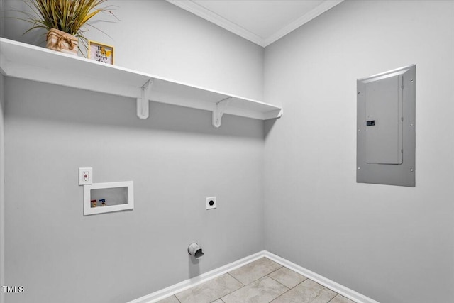 213 Guerrant St, Greensboro, NC 27401 - laundry area featuring electric panel, washer hookup, ornamental molding, hookup for an electric dryer, and light tile patterned flooring