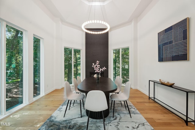 6701 Green Hollow Ct, Wake Forest, NC 27587 - dining room featuring a towering ceiling, wood finished floors, and a chandelier