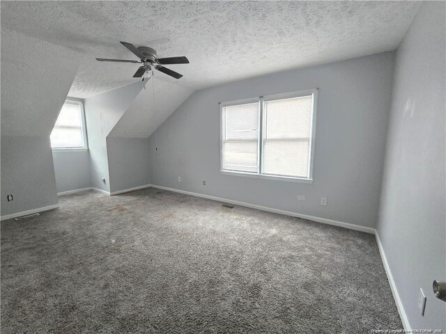 1654 Baysden Ct, Fayetteville, NC 28303 - additional living space featuring a textured ceiling, a ceiling fan, carpet, and lofted ceiling