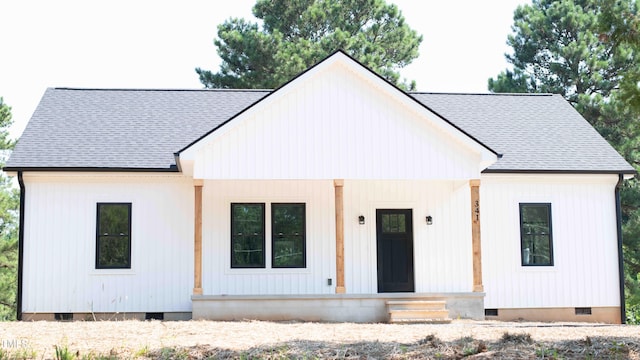 341 Rev Henderson Rd, Henderson, NC 27537 - modern farmhouse with covered porch, a shingled roof, and crawl space