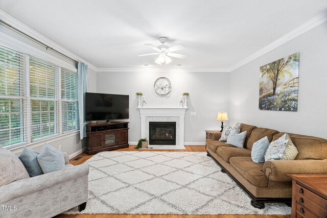 2608 Forestbluff Dr, Fuquay Varina, NC 27526 - living area with a ceiling fan, ornamental molding, wood finished floors, and a fireplace with flush hearth