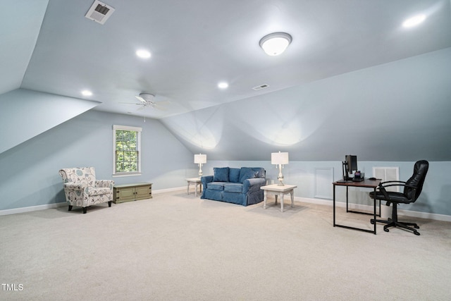 2608 Forestbluff Dr, Fuquay Varina, NC 27526 - living area featuring vaulted ceiling, carpet flooring, an office area, a ceiling fan, and recessed lighting