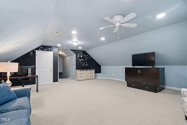 2608 Forestbluff Dr, Fuquay Varina, NC 27526 - unfurnished living room featuring lofted ceiling, a ceiling fan, carpet floors, and an office area