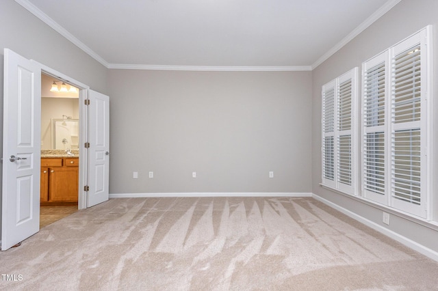 732 Hornchurch Loop, Cary, NC 27519 - unfurnished bedroom with ornamental molding, light carpet, and connected bathroom
