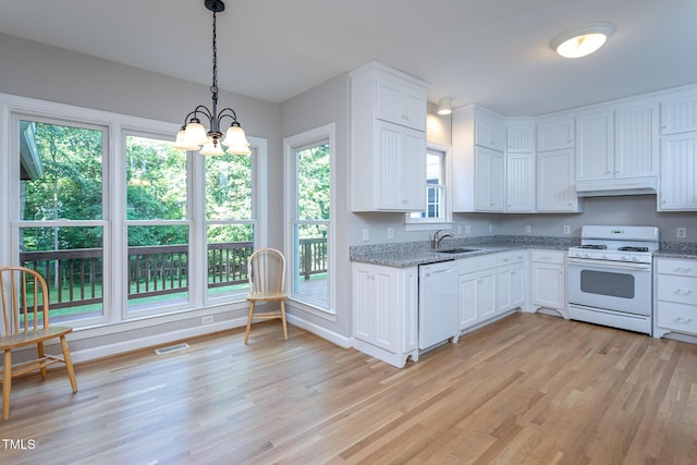 900 Stonecutter Ct, Raleigh, NC 27614 - kitchen featuring white appliances, under cabinet range hood, light wood-type flooring, and white cabinetry
