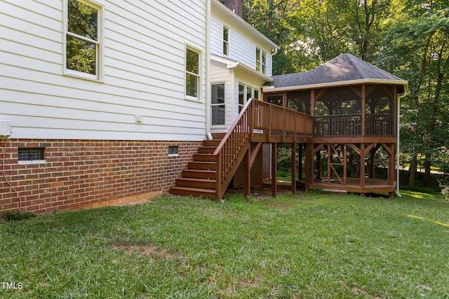 900 Stonecutter Ct, Raleigh, NC 27614 - view of green lawn with a sunroom, stairs, and a deck