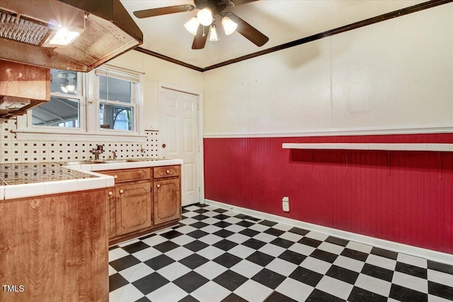 607 E Geer St, Durham, NC 27701 - bathroom with tile patterned floors, vanity, a ceiling fan, crown molding, and wainscoting