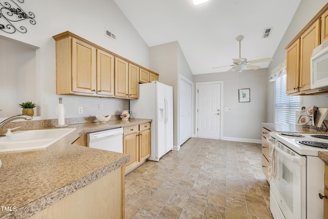 325 Millet Dr, Morrisville, NC 27560 - kitchen featuring white appliances, vaulted ceiling, light brown cabinetry, light countertops, and ceiling fan