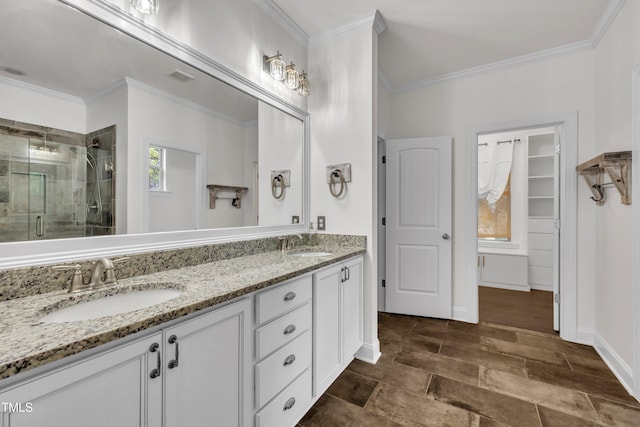 211 Camille Cir, Youngsville, NC 27596 - full bathroom with a shower stall, double vanity, and crown molding