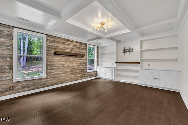 211 Camille Cir, Youngsville, NC 27596 - unfurnished living room featuring dark wood finished floors, coffered ceiling, built in shelves, a chandelier, and ornamental molding
