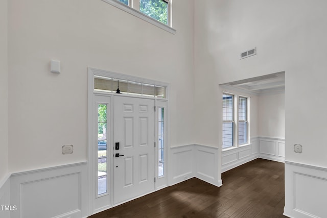 211 Camille Cir, Youngsville, NC 27596 - entryway featuring healthy amount of natural light, dark wood finished floors, wainscoting, and a decorative wall