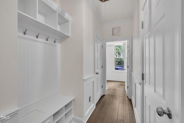 211 Camille Cir, Youngsville, NC 27596 - mudroom featuring crown molding and dark wood finished floors