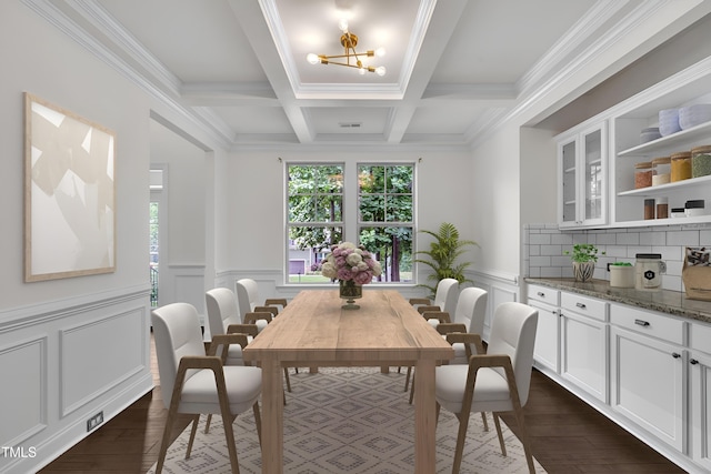 211 Camille Cir, Youngsville, NC 27596 - dining space with a decorative wall, dark wood-type flooring, beamed ceiling, a chandelier, and coffered ceiling
