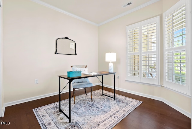 325 Currituck Ln, Durham, NC 27703 - office with dark wood-style floors and ornamental molding