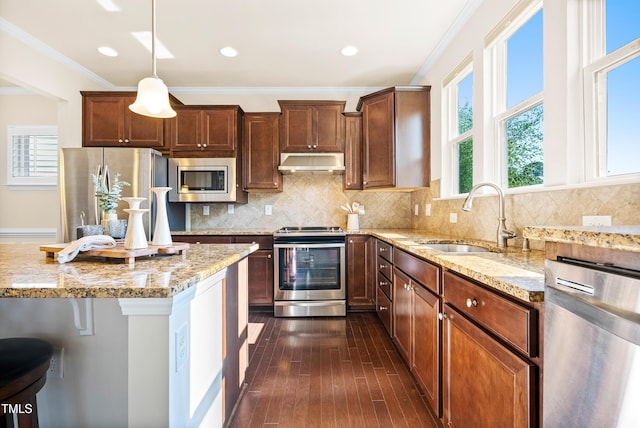 325 Currituck Ln, Durham, NC 27703 - kitchen featuring exhaust hood, appliances with stainless steel finishes, light stone counters, crown molding, and dark wood-style flooring
