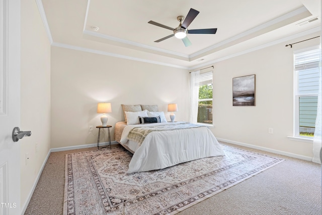 325 Currituck Ln, Durham, NC 27703 - bedroom with a raised ceiling, carpet floors, ornamental molding, and ceiling fan