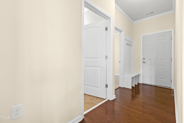 325 Currituck Ln, Durham, NC 27703 - hall featuring crown molding and dark wood-style flooring