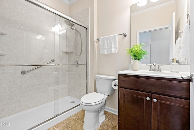 325 Currituck Ln, Durham, NC 27703 - bathroom featuring ornamental molding, vanity, a stall shower, and tile patterned floors
