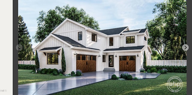 8014 Penny Rd, Raleigh, NC 27606 - modern farmhouse featuring board and batten siding, an attached garage, driveway, brick siding, and roof with shingles