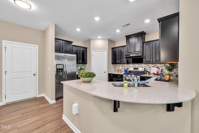 401 Summit Trail Dr, Hillsborough, NC 27278 - kitchen featuring stainless steel appliances, ventilation hood, a peninsula, light wood-style floors, and dark cabinets