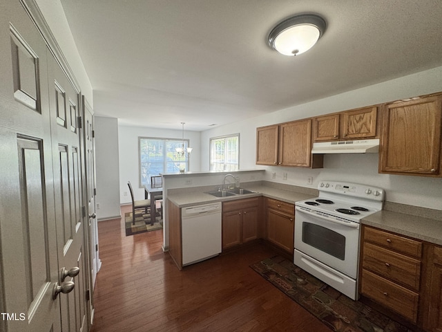 2907 S S Roxboro St, Durham, NC 27707 - kitchen with white appliances, under cabinet range hood, dark wood-style floors, a peninsula, and brown cabinets