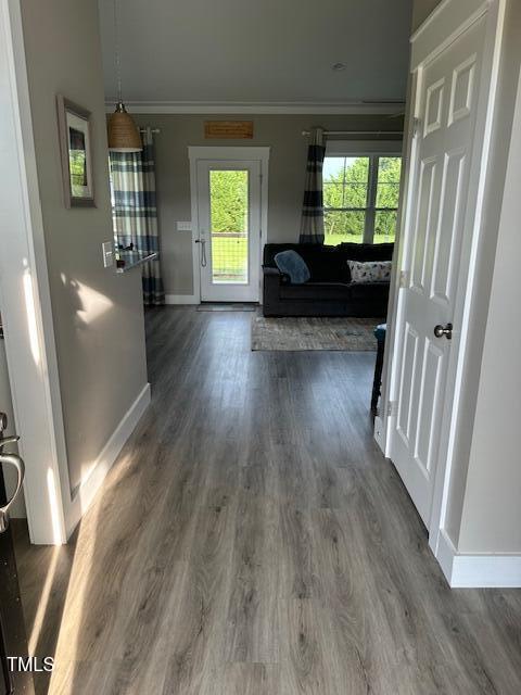 8 Open View Ln, Timberlake, NC 27583 - hall featuring dark wood-type flooring and crown molding