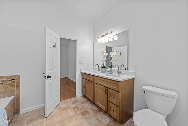 1035 High Lake Ct, Raleigh, NC 27606 - bathroom featuring ornamental molding, double vanity, and tiled bath