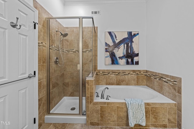 1035 High Lake Ct, Raleigh, NC 27606 - full bath with a bath, a shower stall, and ornamental molding