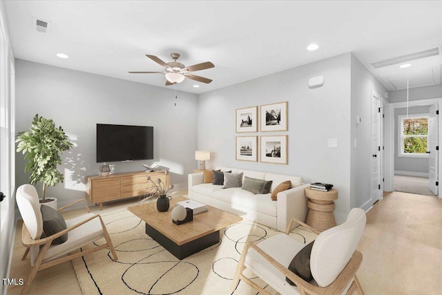 104 N Slocumb St, Goldsboro, NC 27530 - living room with attic access, ceiling fan, light wood-style flooring, and recessed lighting