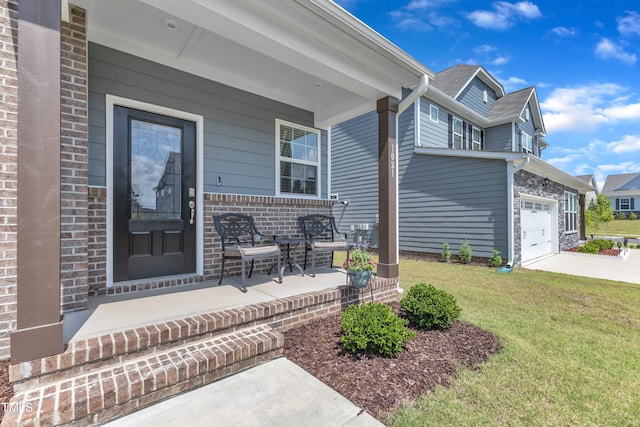 1021 Clove Pine Dr, Knightdale, NC 27545 - doorway to property with a porch, a lawn, driveway, brick siding, and a garage
