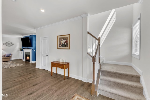 1021 Clove Pine Dr, Knightdale, NC 27545 - staircase featuring a lit fireplace, crown molding, wood finished floors, and recessed lighting