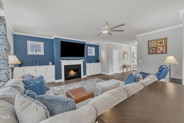 1021 Clove Pine Dr, Knightdale, NC 27545 - living room with crown molding, a ceiling fan, dark wood-style floors, and a warm lit fireplace