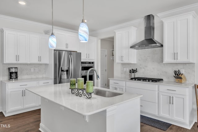 1021 Clove Pine Dr, Knightdale, NC 27545 - kitchen featuring stainless steel appliances, wall chimney exhaust hood, white cabinets, dark wood-style flooring, and tasteful backsplash