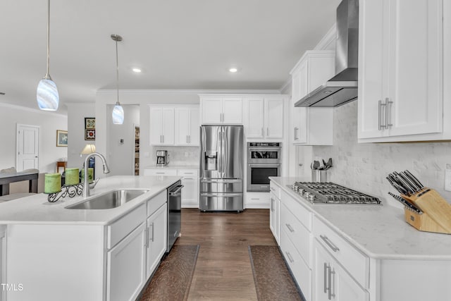 1021 Clove Pine Dr, Knightdale, NC 27545 - kitchen featuring stainless steel appliances, wall chimney exhaust hood, crown molding, backsplash, and white cabinetry