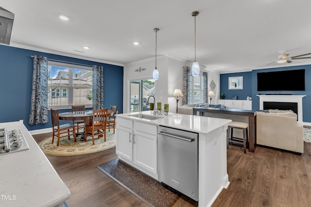 1021 Clove Pine Dr, Knightdale, NC 27545 - kitchen featuring stainless steel dishwasher, crown molding, dark wood-type flooring, ceiling fan, and white cabinetry