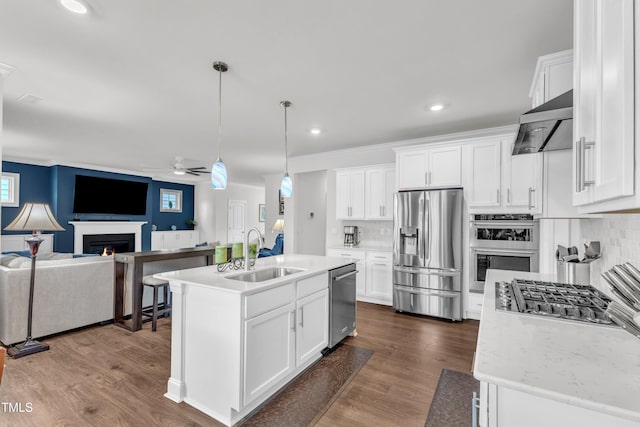 1021 Clove Pine Dr, Knightdale, NC 27545 - kitchen with appliances with stainless steel finishes, a ceiling fan, wall chimney range hood, a warm lit fireplace, and open floor plan