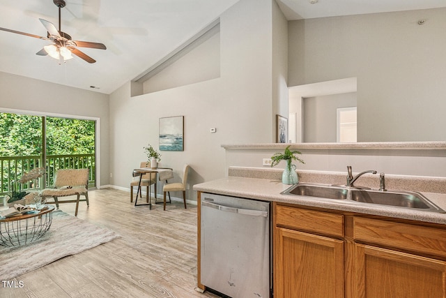 3050 Trailwood Pines Ln Unit 303, Raleigh, NC 27603 - kitchen featuring stainless steel dishwasher, lofted ceiling, light wood-style floors, a ceiling fan, and light countertops