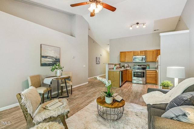 3050 Trailwood Pines Ln Unit 303, Raleigh, NC 27603 - living room with high vaulted ceiling, a ceiling fan, and light wood-style flooring