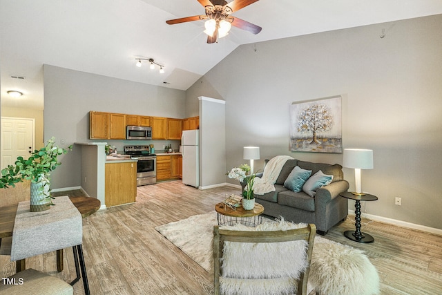 3050 Trailwood Pines Ln Unit 303, Raleigh, NC 27603 - living room featuring ceiling fan, light wood-style flooring, and high vaulted ceiling