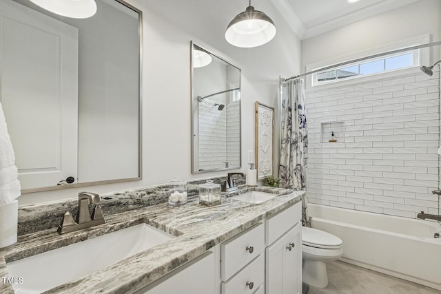 2098 Amalfi Pl, Apex, NC 27502 - full bathroom with double vanity, shower / bath combo with shower curtain, and ornamental molding