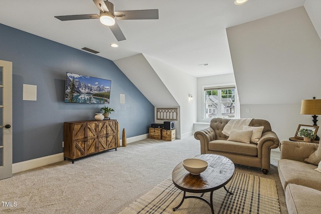 2098 Amalfi Pl, Apex, NC 27502 - living room featuring carpet flooring, vaulted ceiling, a ceiling fan, and recessed lighting