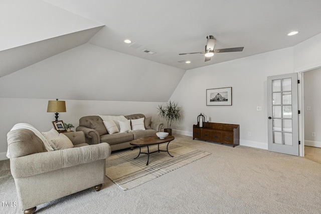 2098 Amalfi Pl, Apex, NC 27502 - living room featuring lofted ceiling, ceiling fan, carpet, and recessed lighting