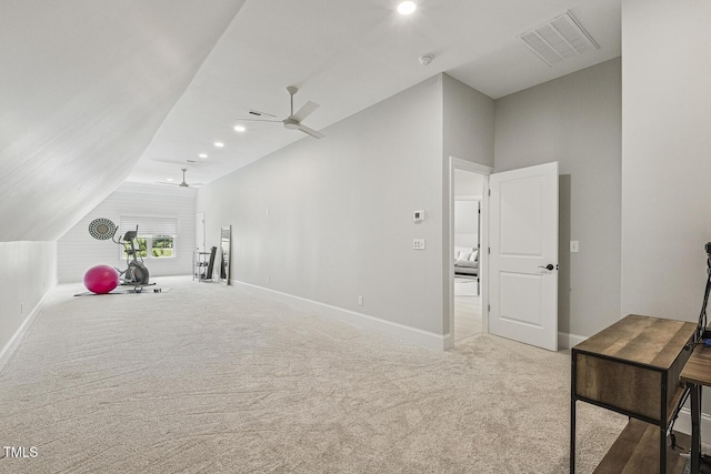 2098 Amalfi Pl, Apex, NC 27502 - exercise room with vaulted ceiling, carpet floors, a ceiling fan, and recessed lighting