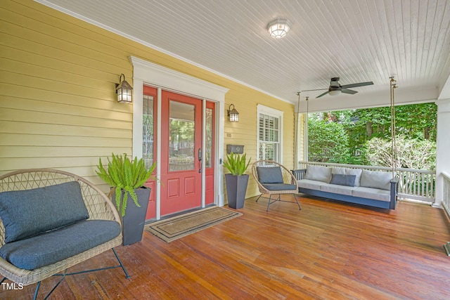 1015 W Trinity Ave, Durham, NC 27701 - view of exterior entry featuring a ceiling fan, a porch, and an outdoor hangout area