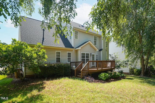 614 Park York Ln, Cary, NC 27519 - rear view of property with a wooden deck, a yard, and roof with shingles